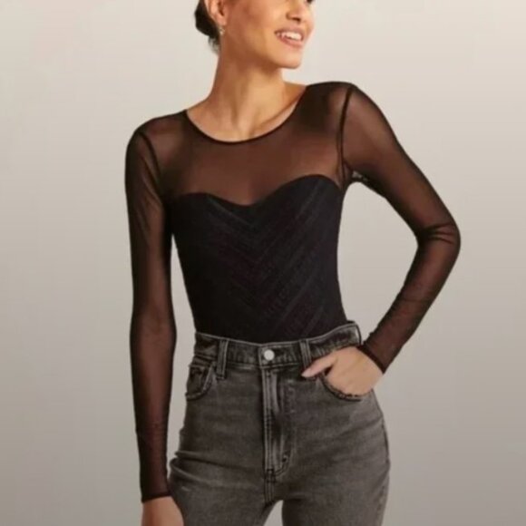 Abercrombie & Fitch Tops - ABERCROMBIE & FITCH Navy Blue Lace & Black Sheer One Piece Bodysuit Size M NWT